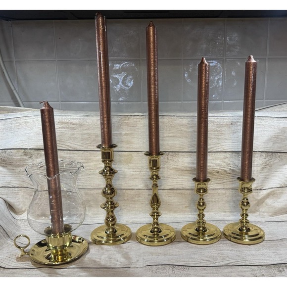 LOT of 5 Brass Candlesticks VTG Baldwin w/Luna Lumia Candles Sizes 1.5" To 7.5" - Picture 2 of 9